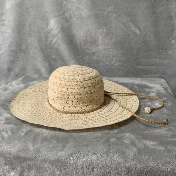 Somas Accessories Greece Beige Crochet Wide Brim Sun Hat Pearl Charm Sz 57 Lace - Picture 2 of 16